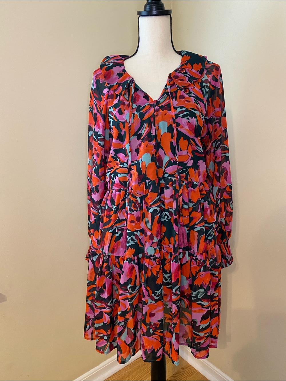 entro Black Floral Long-Sleeve Tiered Dress with Orange & Pink Accents
